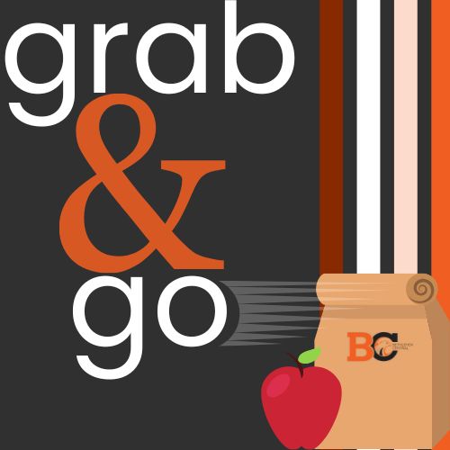 Image that reads: Grab & Go with a picture of a brown lunch bag and apple